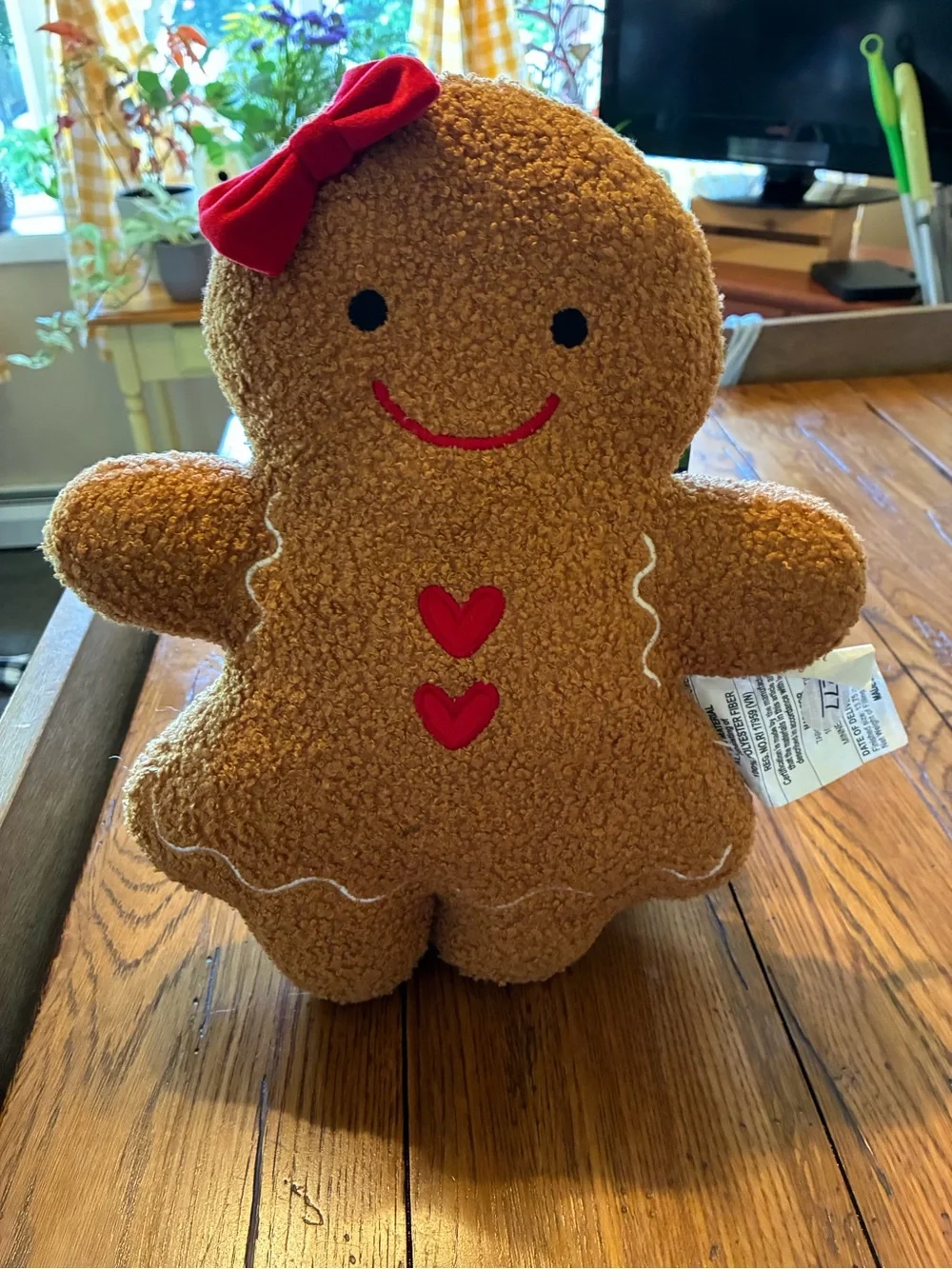 Gingerbread Plush Pillow with Red Bow